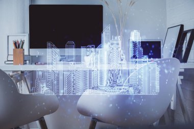 Kasabanın çizimlerine ve ofis iç dekorasyonuna çoklu maruz kalma. Akıllı şehir konsepti.