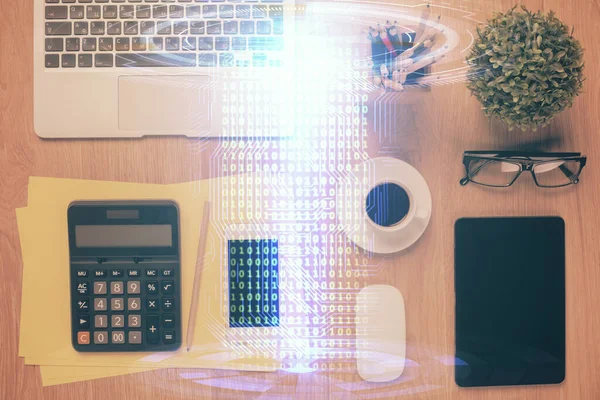 Doble Exposición Tecnología Tema Dibujo Sobre Escritorio Mesa Trabajo Vista — Foto de Stock