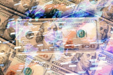 İki kez veri temasına maruz kalınca dolar banknotları arka planda kalıyor. Teknoloji konsepti.