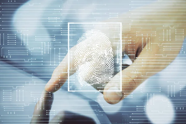 stock image Double exposure of man's hands holding and using a digital device and fingerprint hologram drawing. Security concept.