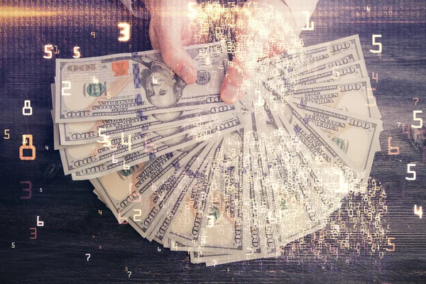 Multi exposure of Tech drawing hologram and USA dollars bills and man hands. Technology concept.