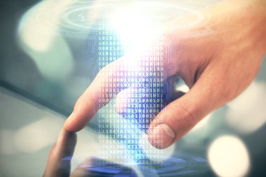 Dijital bir cihaz ve veri temalı çizim kullanan bir adamın el ele tutuşması. Yenilik kavramı.