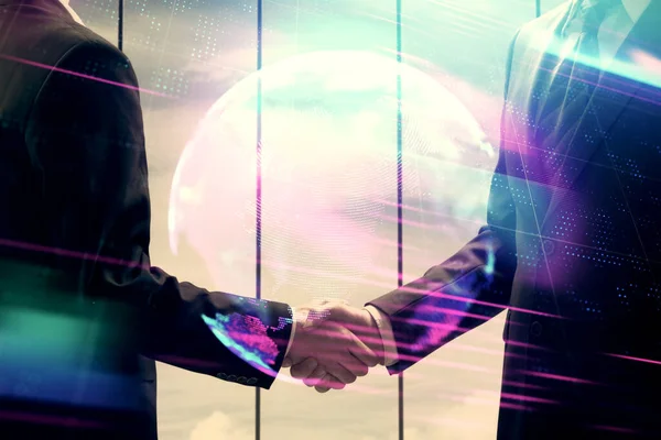 Dubbel Exponering Tech Hologram Och Handslag Två Män Affärsidé — Stockfoto