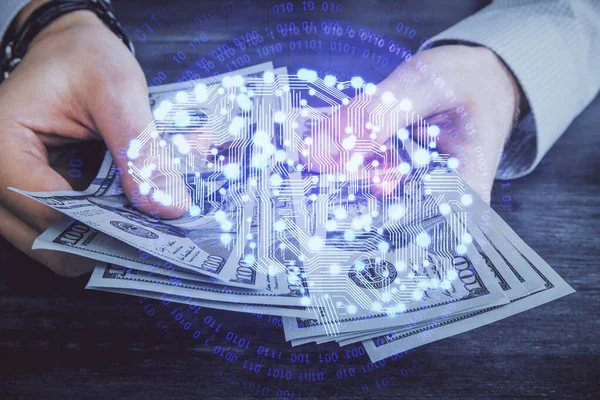 Wielokrotne Ujawnienie Hologramu Rysowania Mózgu Banknotów Dolarowych Ludzkich Rąk Koncepcja — Zdjęcie stockowe