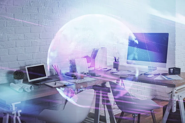 Double Exposure Tech Theme Drawings Office Interior Background Technology Concept — Stock Photo, Image