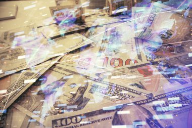 İki kez veri temasına maruz kalınca dolar banknotları arka planda kalıyor. Teknoloji konsepti.