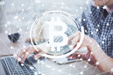 Elinde kredi kartı ve şifreli iş teması çizimi olan bir adamın çift pozu. Dijital engelleme zinciri ve E-ticaret kavramı.