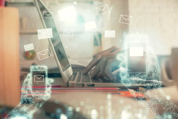 Double Exposure Woman Hands Typing Computer Flying Envelop Drawing Mail — Stock Photo, Image