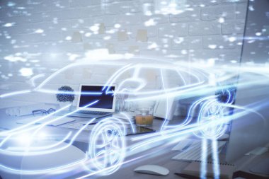 Otomatik pilot temalı çizimlere ve ofis içi arka planına çoklu maruz kalma. Ai kavramı.