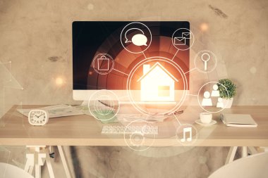 Kasabanın çizimlerine ve ofis iç dekorasyonuna çoklu maruz kalma. Akıllı şehir konsepti.