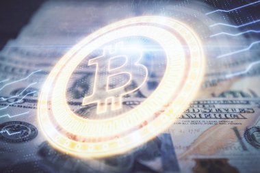 Şifreli temanın çoklu pozu bize dolar banknotları arkaplanı çiziyor. Engelleme zinciri başarısı kavramı.