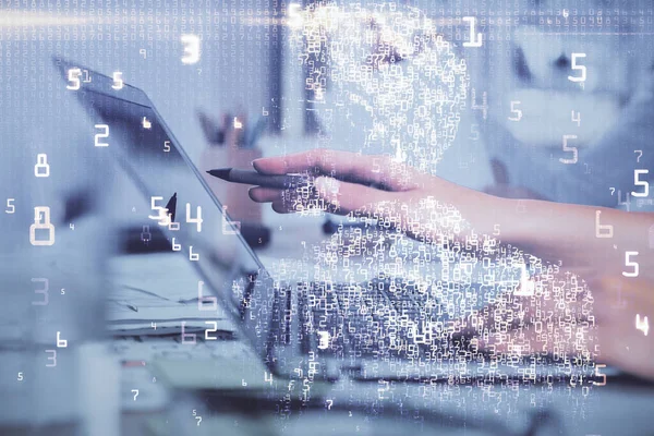 女性双手在计算机和技术主题绘图上的双重曝光 高科技概念 — 图库照片