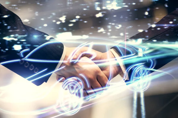 Двойное Воздействие Автомобильной Голограммы Рукопожатие Двух Мужчин Концепция Аренды Такси — стоковое фото