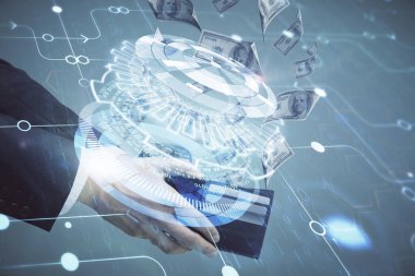 Teknolojiye çoklu maruz kalma hologram, dolar banknotları ve insan eli. Veri kavramı