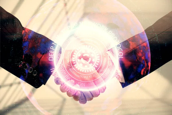 Doppelentblößung Des Tech Hologramms Und Handschlag Zweier Männer Deal Konzept — Stockfoto
