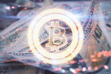 Şifreli temanın çoklu pozu bize dolar banknotları arkaplanı çiziyor. Engelleme zinciri başarısı kavramı.