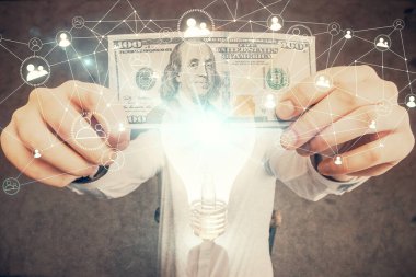 Ampulün hologram çizimi, Amerikan doları banknotları ve insan eli. İş Fikri konsepti.