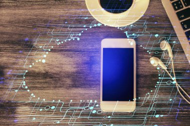 Çalışma masasının üzerine teknoloji teması çizimi çifte pozlama. Üst Manzara. Küresel veri analiz kavramı.