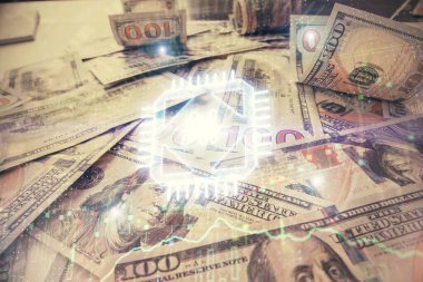 İki kez veri temasına maruz kalınca dolar banknotları arka planda kalıyor. Teknoloji konsepti.