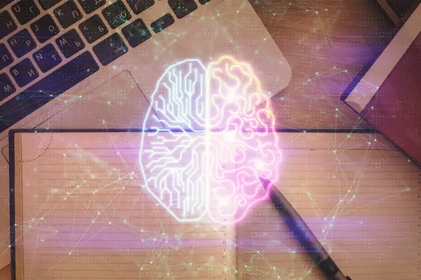 Podwójna Ekspozycja Hologramu Rysunku Mózgu Tle Stołu Roboczego Komputerem Pojęcie — Zdjęcie stockowe