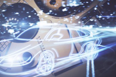 Otomobil temalı çizim ve çalışma masası üst veiw çift pozlama. Otomotiv endüstrisindeki teknoloji kavramı.