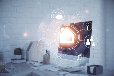 Kasabanın çizimlerine ve ofis iç dekorasyonuna çoklu maruz kalma. Akıllı şehir konsepti.