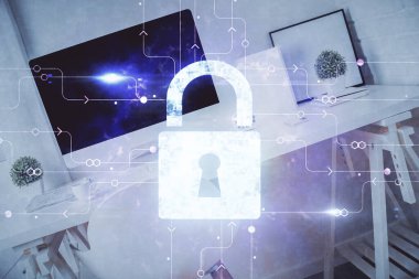 Kilit çizimine ve ofis içi arka planına çoklu maruz kalma. Veri güvenliği kavramı.