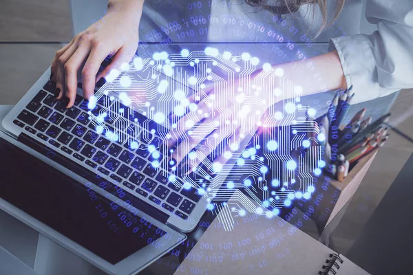 Double Exposure Woman Hands Working Computer Brain Hologram Drawing Concept — Stock Photo, Image