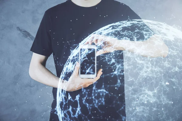 Doppelbelichtung Der Hände Des Menschen Die Ein Telefon Und Ein — Stockfoto