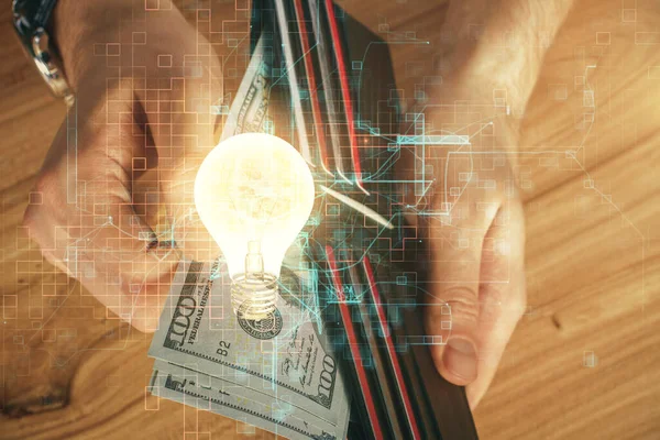 Multi Exponering Glödlampa Rita Hologram Och Usa Dollar Räkningar Och — Stockfoto