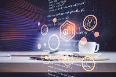 Teknoloji temalı çizimlere ve masa arkasında kahve ve eşyalar olan masaüstüne çoklu pozlama. Veri araştırması kavramı.