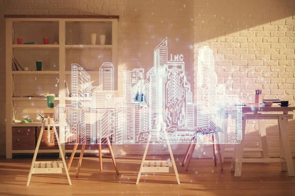 Multi Expozice Městských Kreseb Interiéru Kanceláře Smart City Concept — Stock fotografie