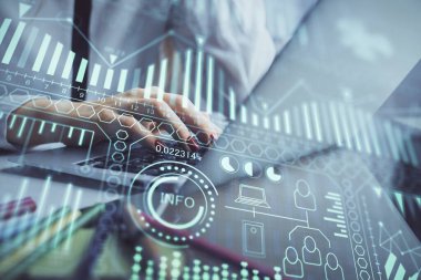 Bilgisayar ve teknoloji temalı çizimlerde kadın elinin çifte pozlanması. Yüksek Teknoloji kavramı.