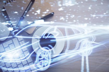 Otomobil temalı çizim ve çalışma masası üst veiw çift pozlama. Otomotiv endüstrisindeki teknoloji kavramı.