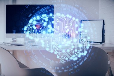 Beyin çizimine ve ofis içi arka planına çoklu maruz kalma. Veri teknolojisi kavramı.