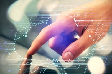 Dijital bir cihaz ve veri temalı çizim kullanan bir adamın el ele tutuşması. Yenilik kavramı.