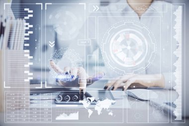 Teknolojiye çifte maruz kalma, hologram çizimi ve cep telefonu kullanan bir kadın. Ai kavramı