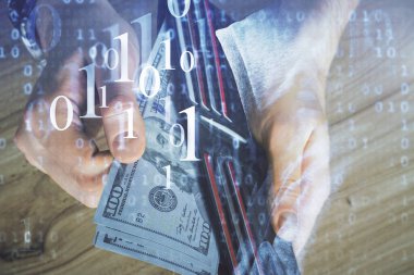 Teknolojinin iki katına çıkması hologram, dolar banknotları ve insan eli. Veri kavramı