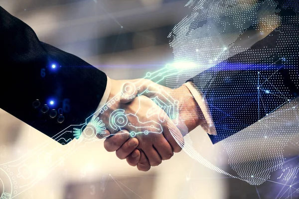Doppelentblößung Des Tech Hologramms Und Handschlag Zweier Männer Deal Konzept — Stockfoto