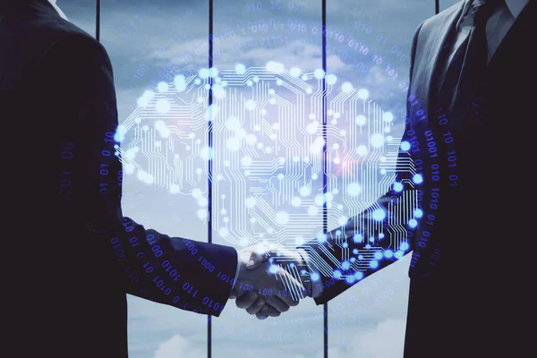 Doppelbelichtung Des Gehirn Hologramms Und Handschlag Zweier Männer Partnerschaft Branchenkonzept — Stockfoto