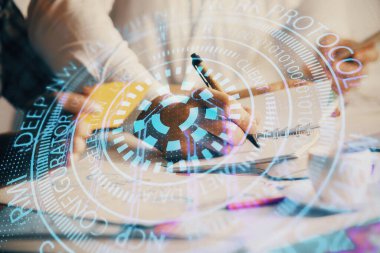 Veri temalı çizimin arka plan yazan insanların üzerine çifte pozlanması. Teknoloji kavramı