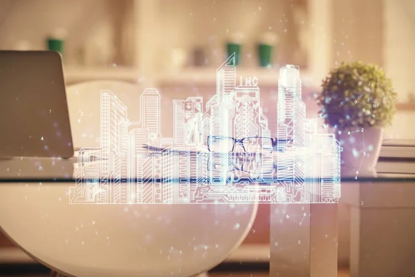 Multi exposure of town drawings and office interior background. Smart city concept.