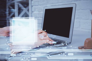 Bilgisayar ve veri temalı hologram çizimlerinde çalışan kadın elleri çift pozlama. Teknoloji kavramı.