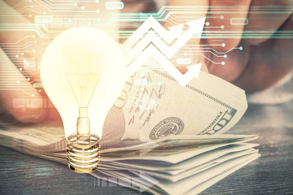 Multi Exponering Glödlampa Rita Hologram Och Usa Dollar Räkningar Och — Stockfoto