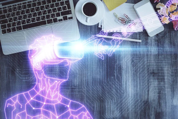Hologram Çizimleri Masaüstü Arka Planında Bilgisayarın Üzerinde Üst Manzara Çoklu — Stok fotoğraf