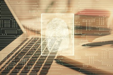 Masaüstünde kahve ve masa arkasında eşyalar olan parmak izi çizimlerine çift pozlama. Güvenlik kavramı.