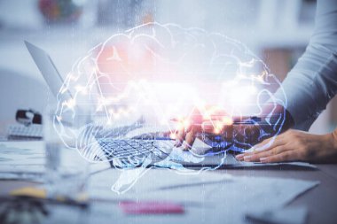 Bilgisayar ve beyin hologramı çizimleri üzerinde çalışan kadın elleri çift pozlama. Ai kavramı.