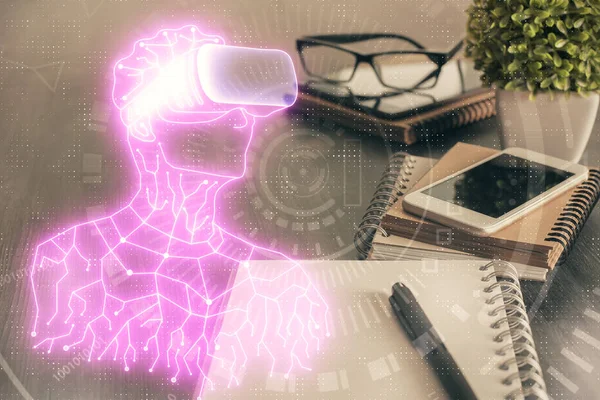 Doble Exposición Del Hombre Con Gafas Dibujo Fondo Del Teléfono —  Fotos de Stock