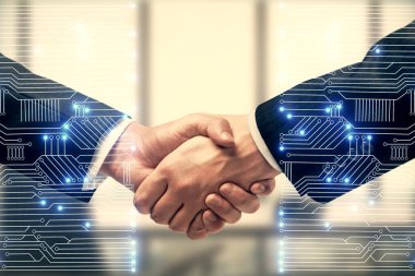 Teknoloji hologramına çifte maruz kalma ve iki adamın el sıkışması. Anlaşma konsepti.