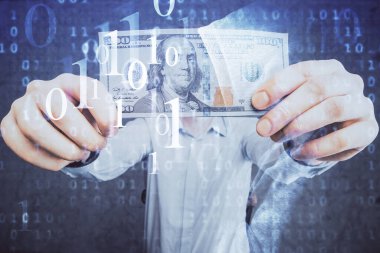 Teknolojinin iki katına çıkması hologram, dolar banknotları ve insan eli. Veri kavramı